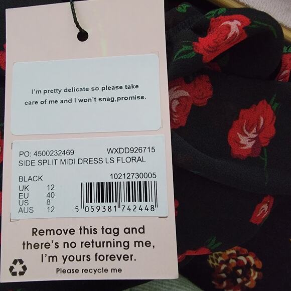 Missguided NWT Black Rose Midi Dress US 8 Whimsygoth Romantic‎ Boho Floral - Picture 10 of 10